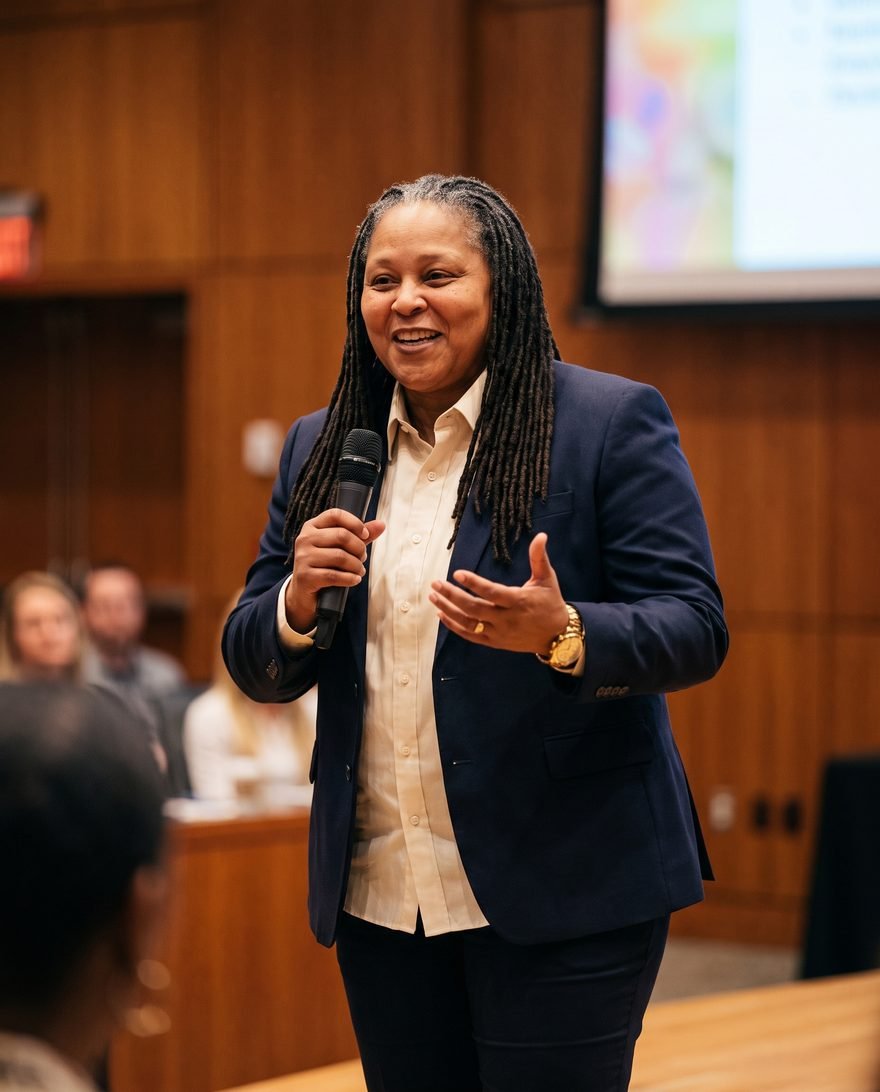 Shannon D. Hunter speaking to an audience with a microphone